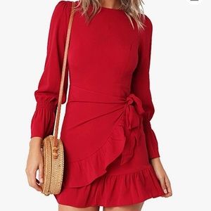 Red Bell Cap Long Sleeve Wrap Waist Ruffle Mini Dress Size Large